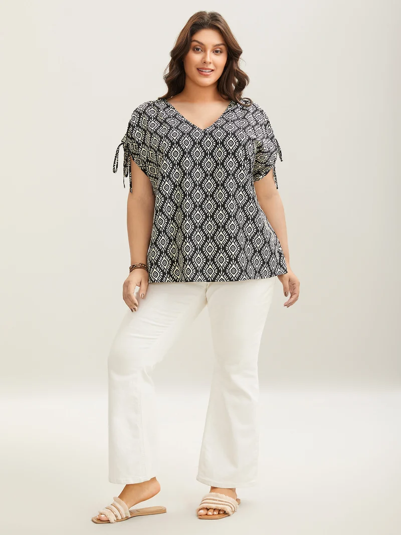 Boho Print Drawstring Sleeve Blouse