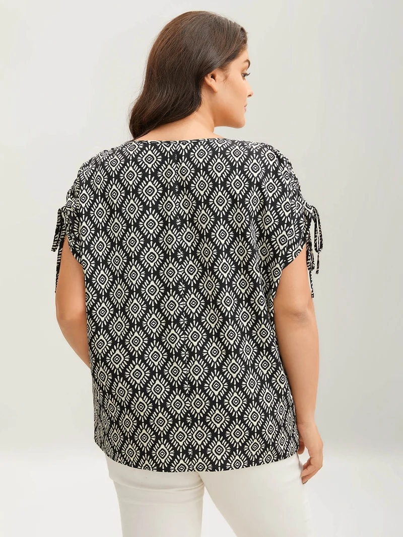 Boho Print Drawstring Sleeve Blouse