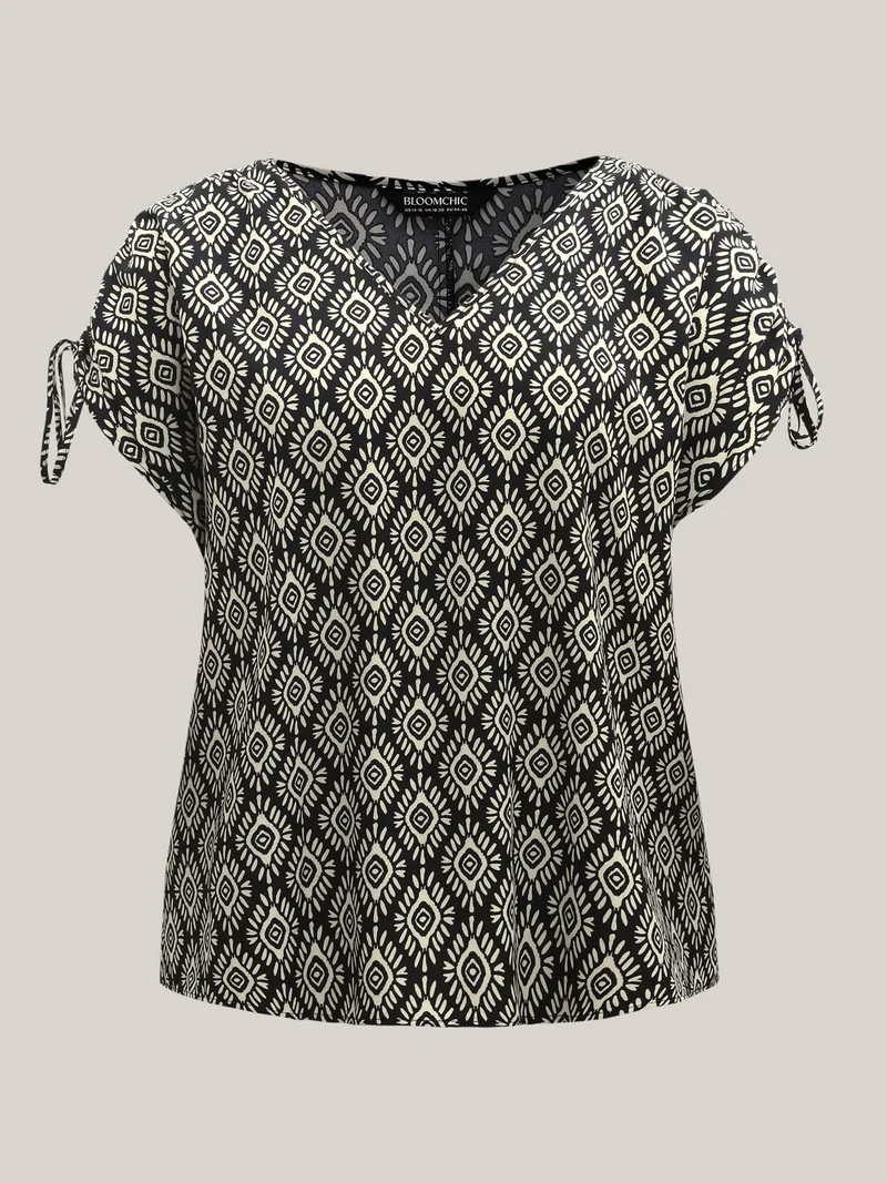 Boho Print Drawstring Sleeve Blouse