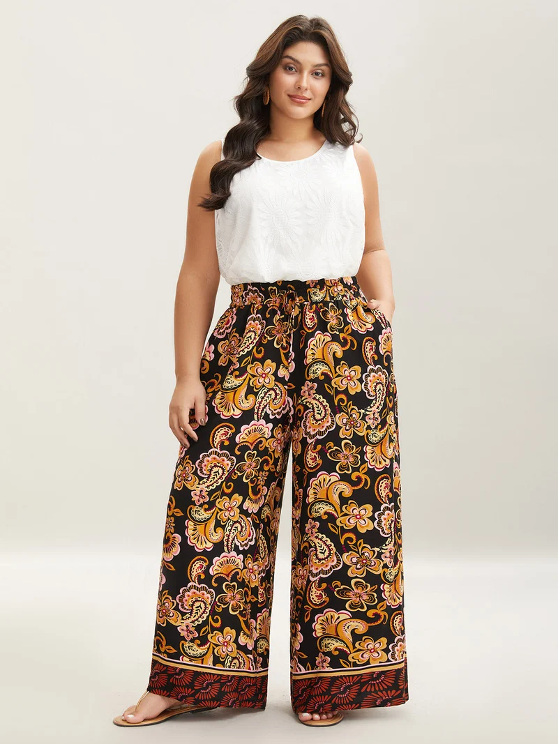Paisley Print Drawstring Flowy Pants