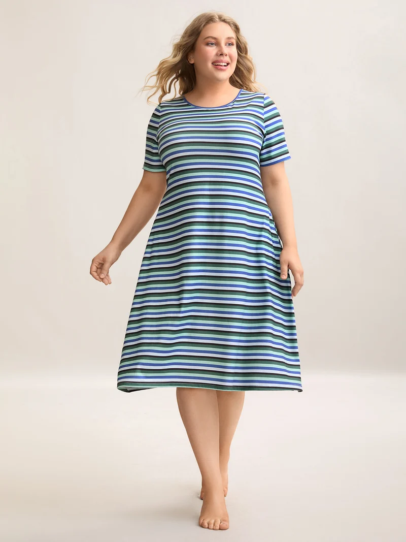 Stretchy Striped Slit Pocket Sleep Dress