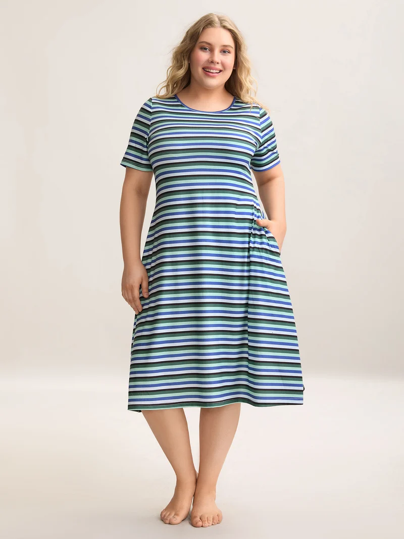 Stretchy Striped Slit Pocket Sleep Dress
