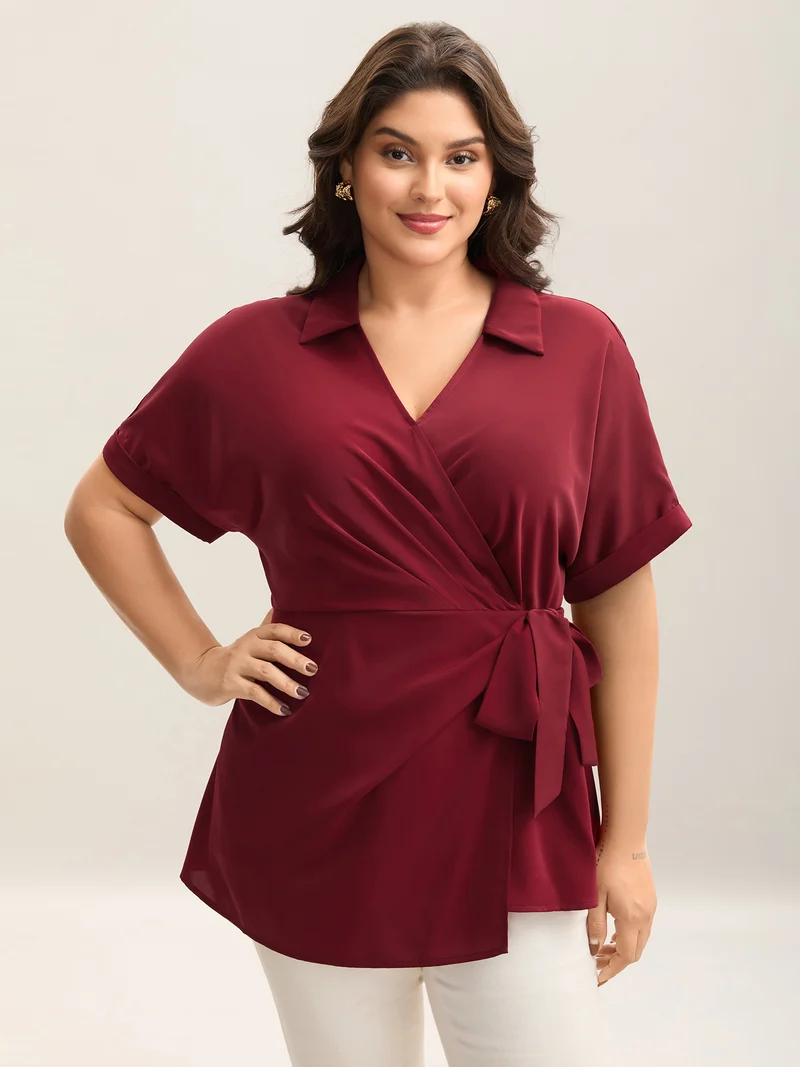 Side Knotted Collar Plain Shirt