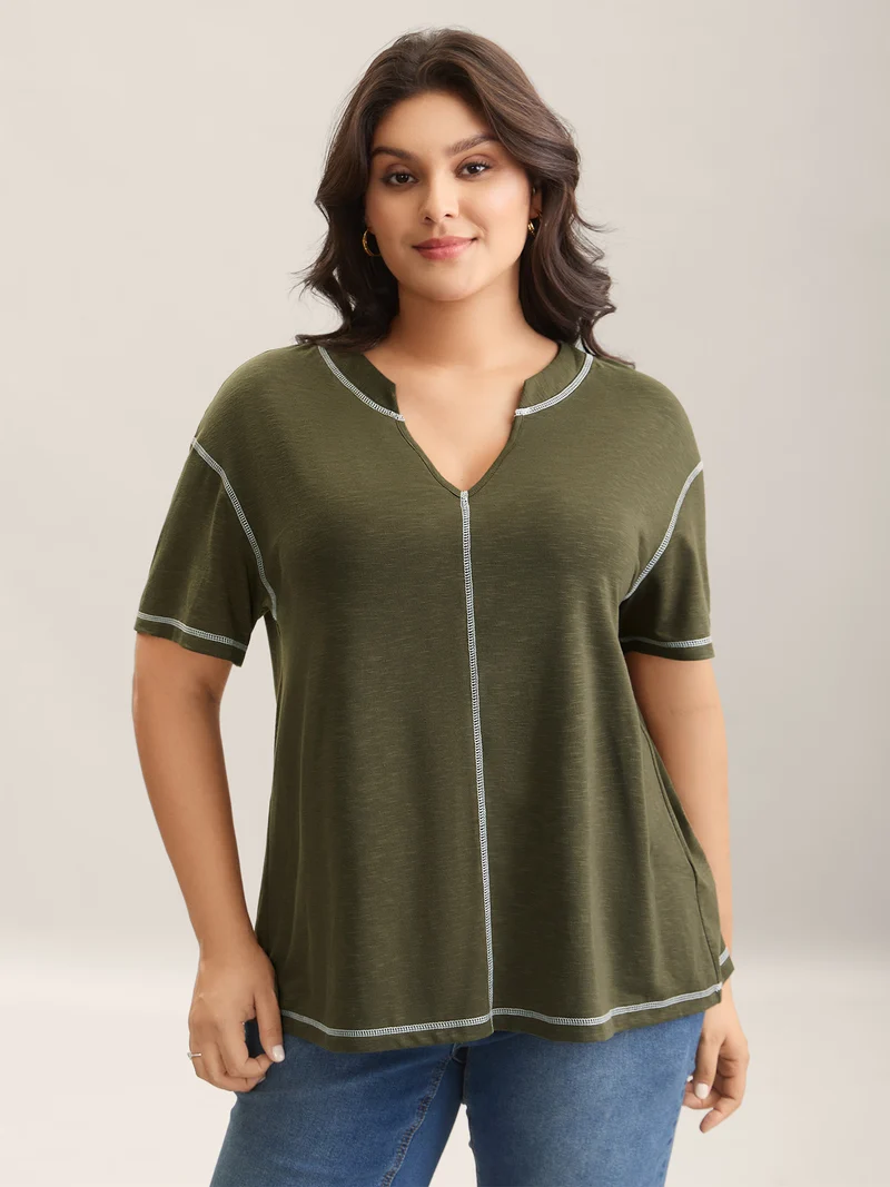 Color Contrast Trim Notched Collar T-Shirt