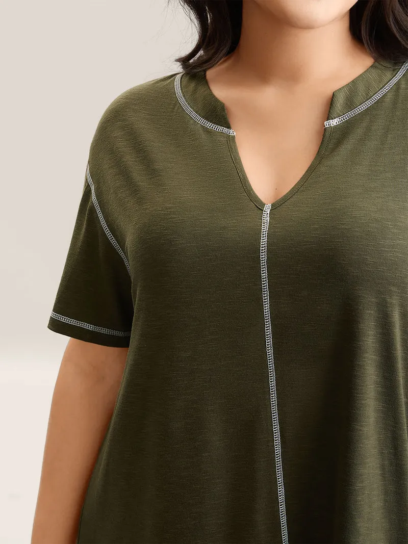 Color Contrast Trim Notched Collar T-Shirt