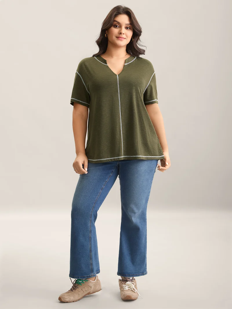 Color Contrast Trim Notched Collar T-Shirt
