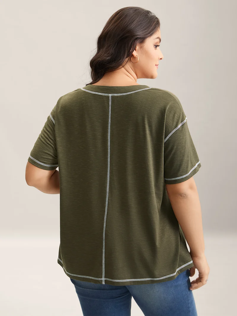 Color Contrast Trim Notched Collar T-Shirt