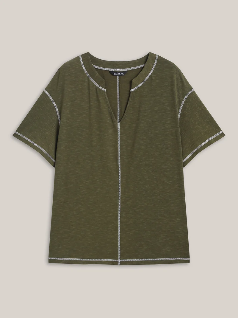 Color Contrast Trim Notched Collar T-Shirt