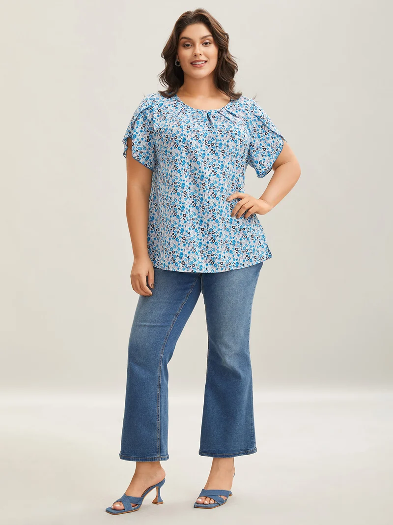 Floral Print Petal Sleeve Pleated Neck Blouse