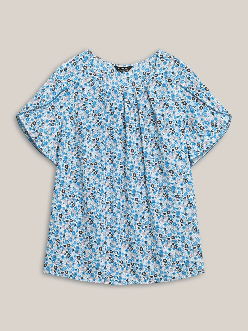 Floral Print Petal Sleeve Pleated Neck Blouse