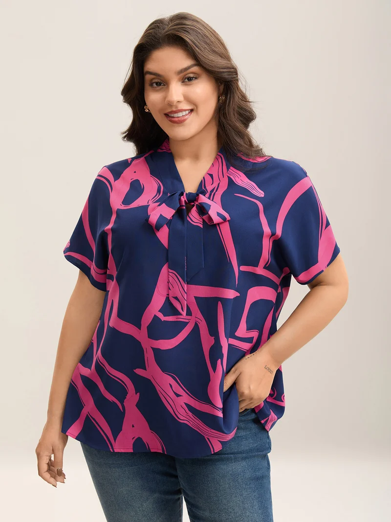 Geometric Pattern Bow Tie Blouse