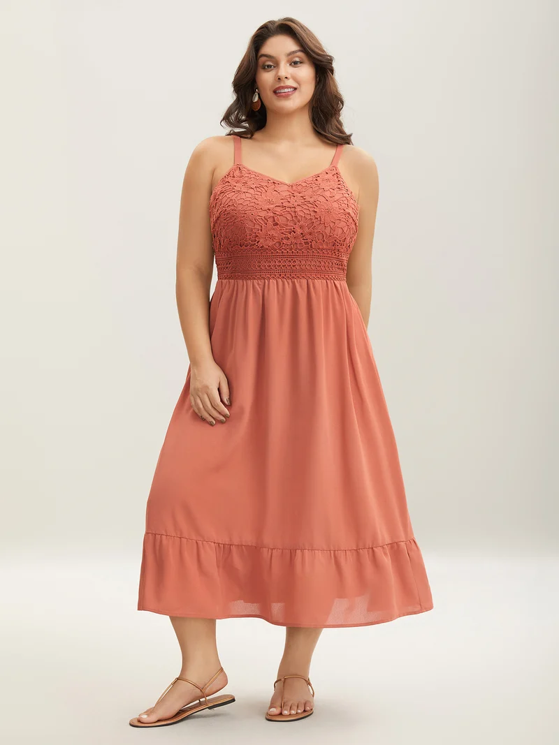 Lace Patchwork Stretchy Waist Midi Dress