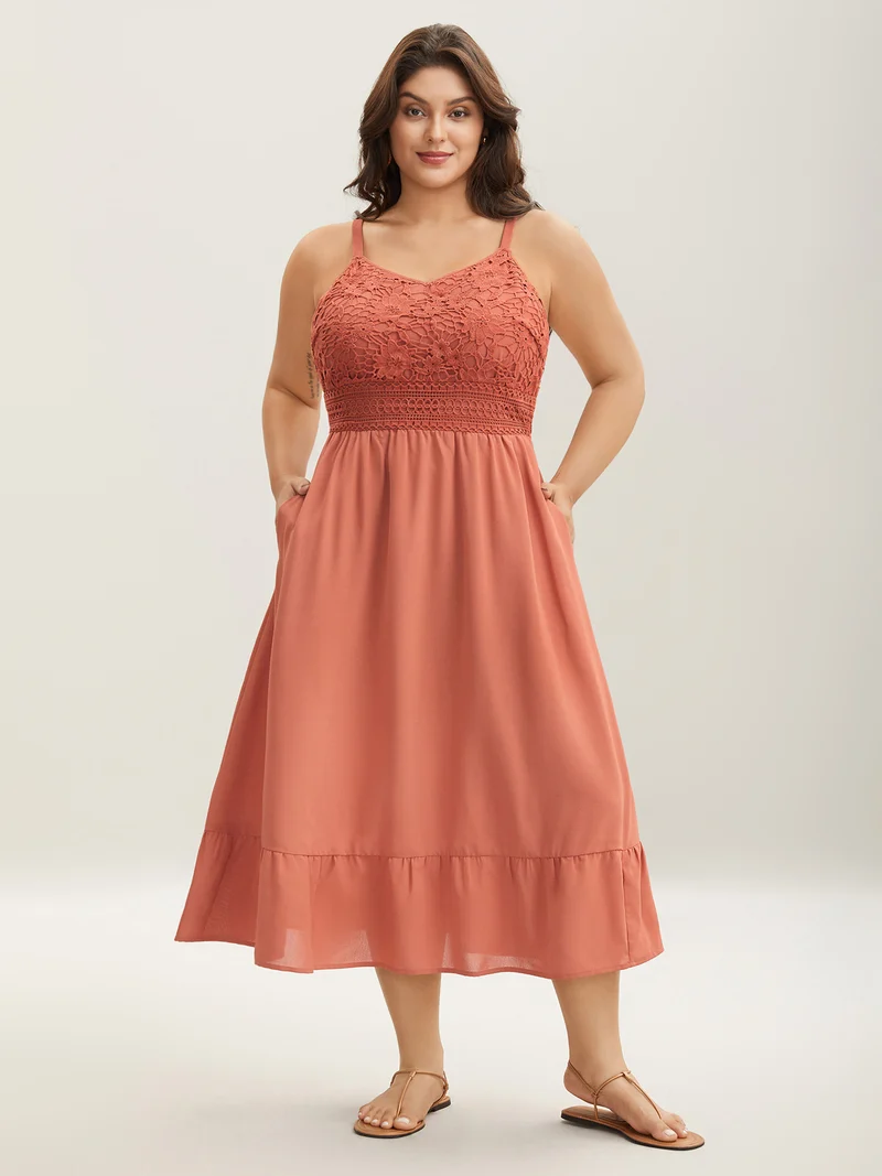 Lace Patchwork Stretchy Waist Midi Dress