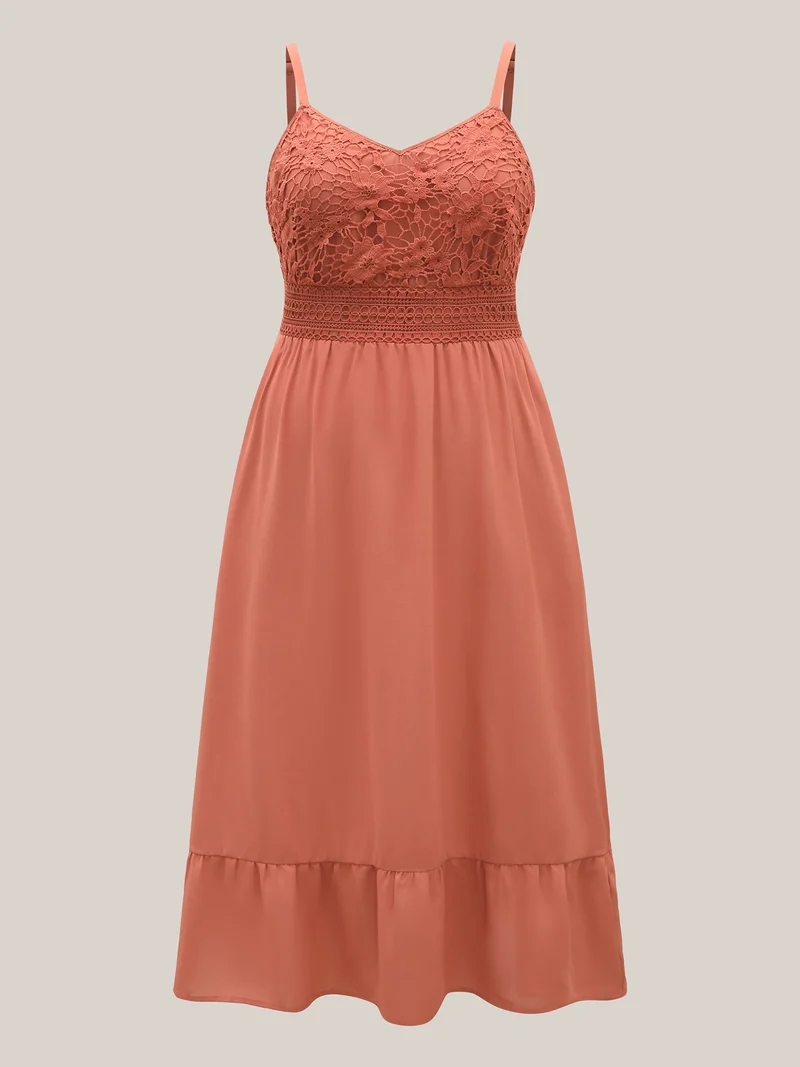 Lace Patchwork Stretchy Waist Midi Dress