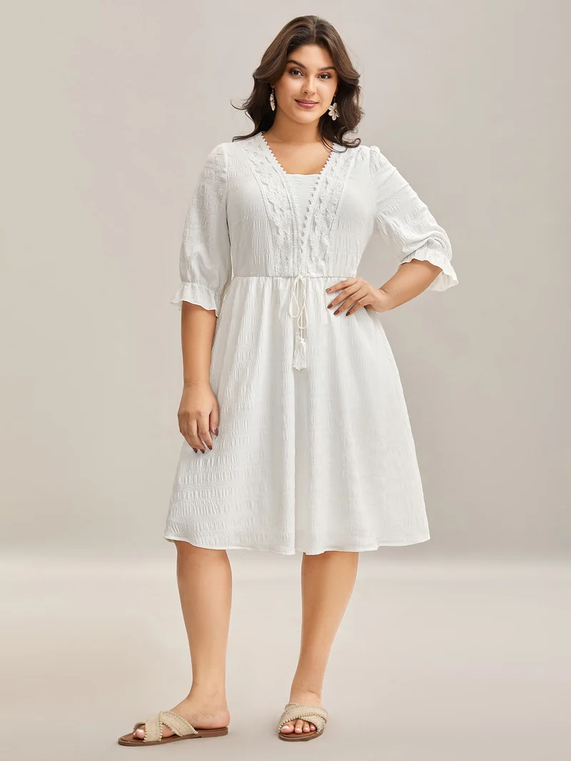 Textured Lace Waist-Tie Midi Dress