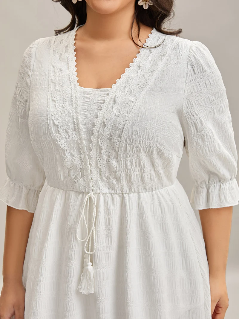 Textured Lace Waist-Tie Midi Dress