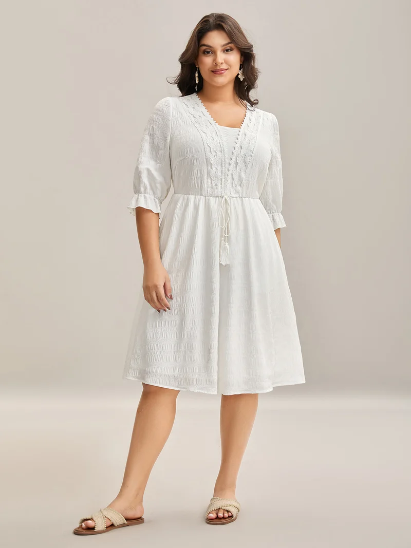 Textured Lace Waist-Tie Midi Dress
