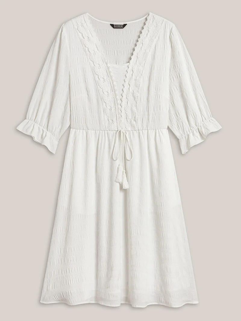 Textured Lace Waist-Tie Midi Dress