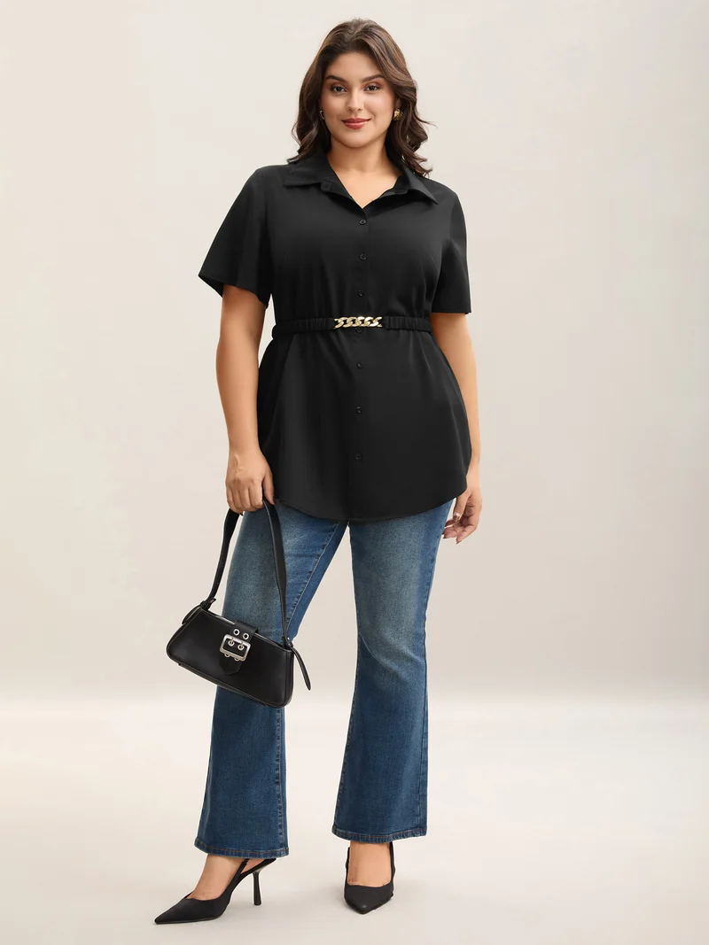 Button Up Belted Collar Shirt