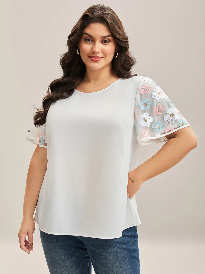 Crochet Flower Sleeve Spliced Blouse