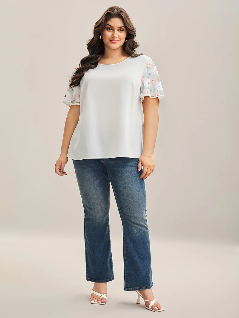 Crochet Flower Sleeve Spliced Blouse