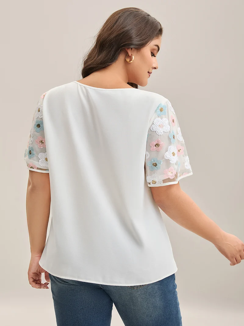 Crochet Flower Sleeve Spliced Blouse