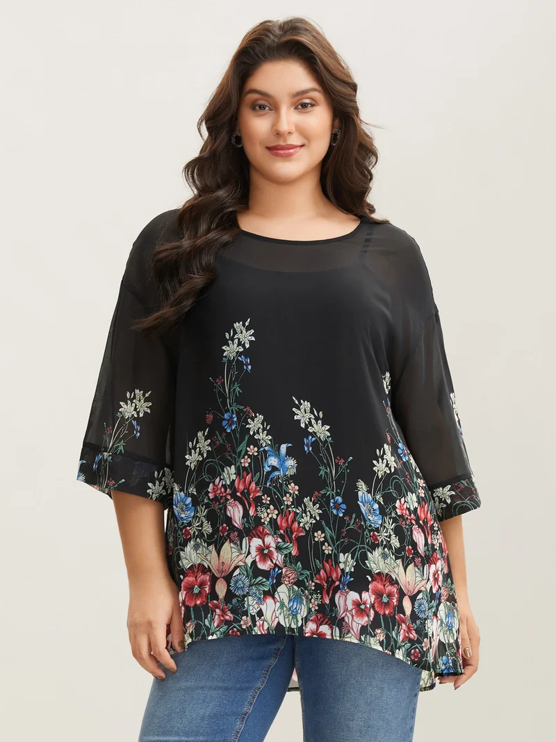 Floral Print Sheer Round Neck Blouse