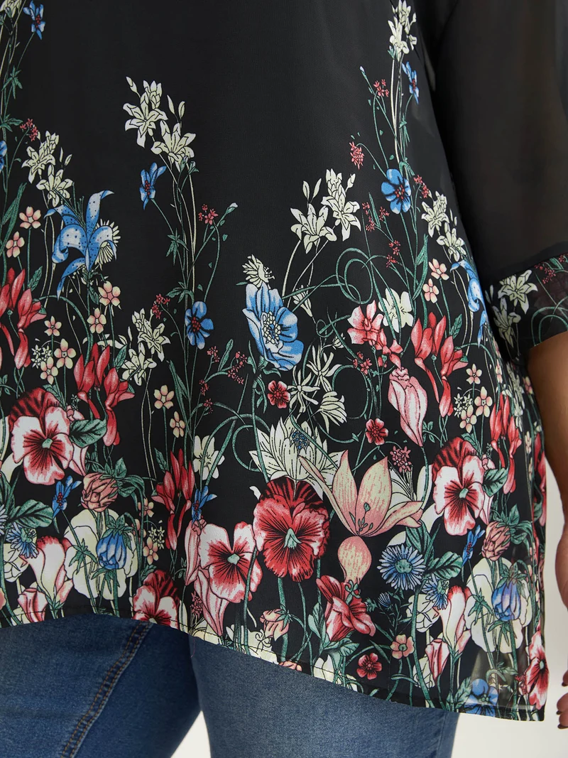 Floral Print Sheer Round Neck Blouse