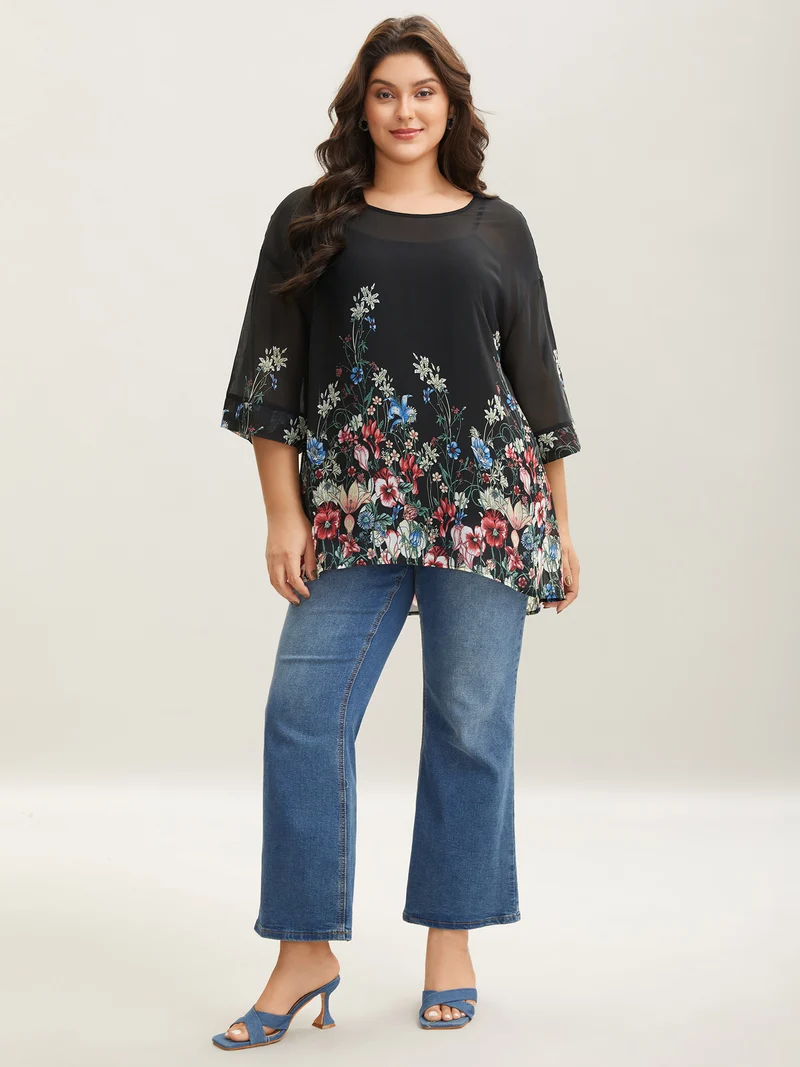 Floral Print Sheer Round Neck Blouse