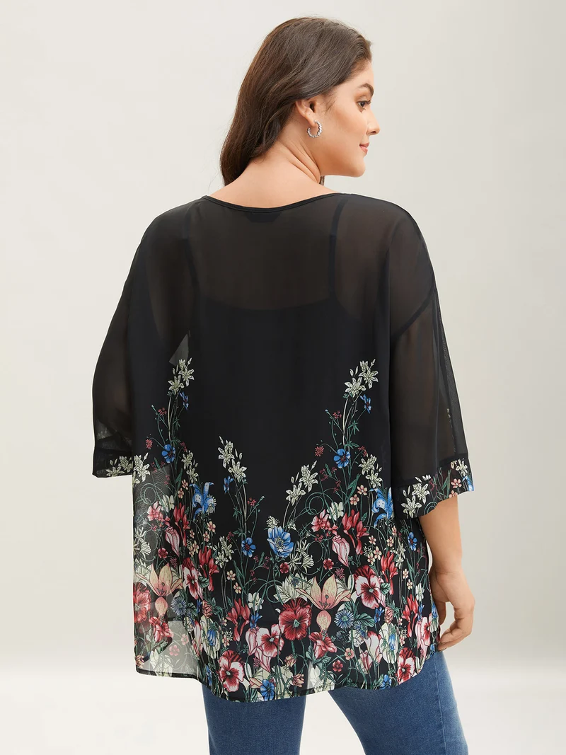 Floral Print Sheer Round Neck Blouse