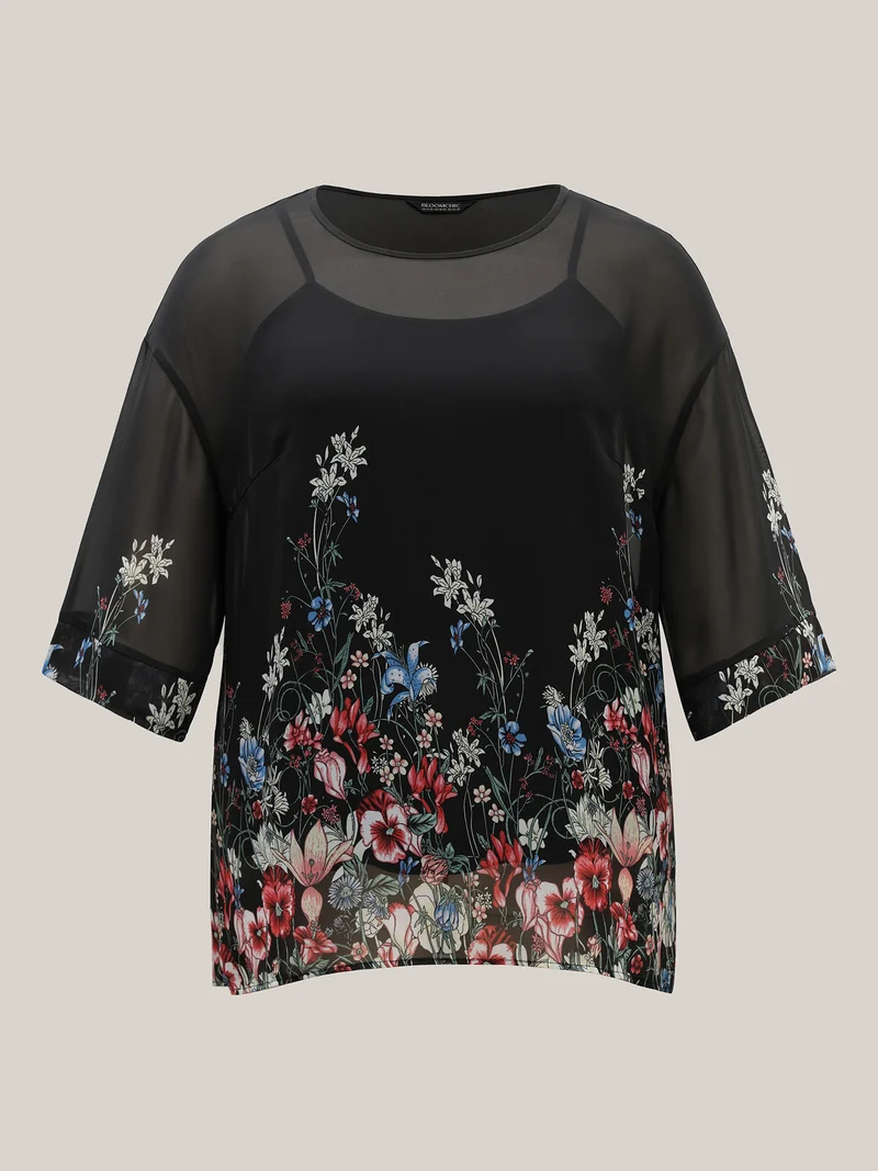 Floral Print Sheer Round Neck Blouse