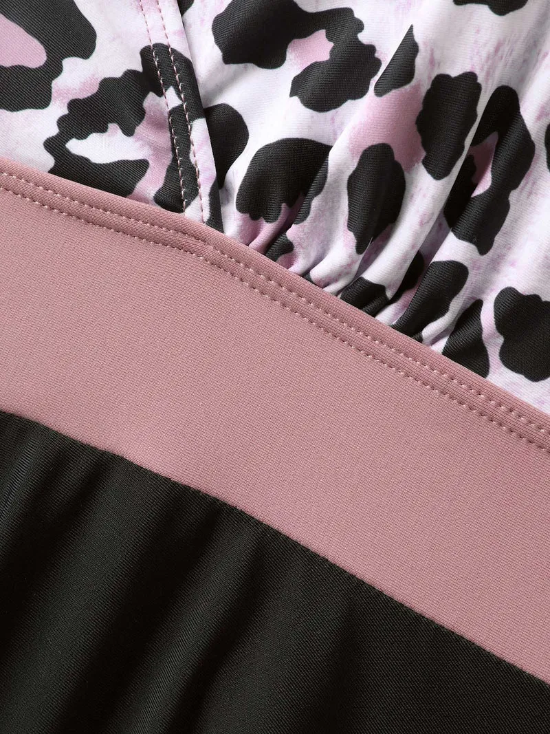 Leopard Print Color Contrast Swim Dress