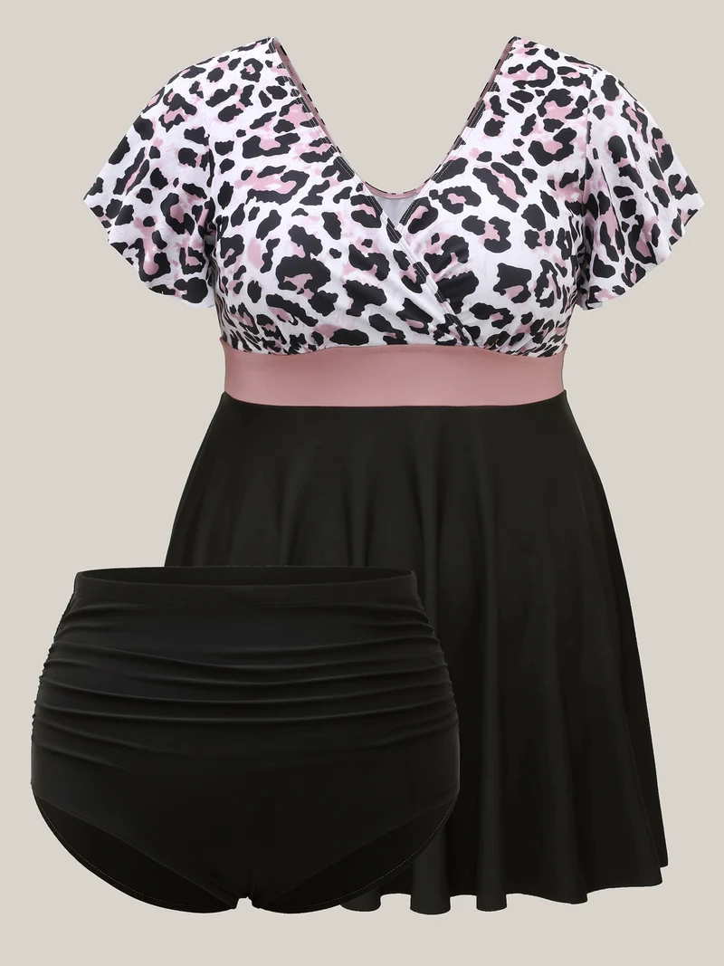 Leopard Print Color Contrast Swim Dress