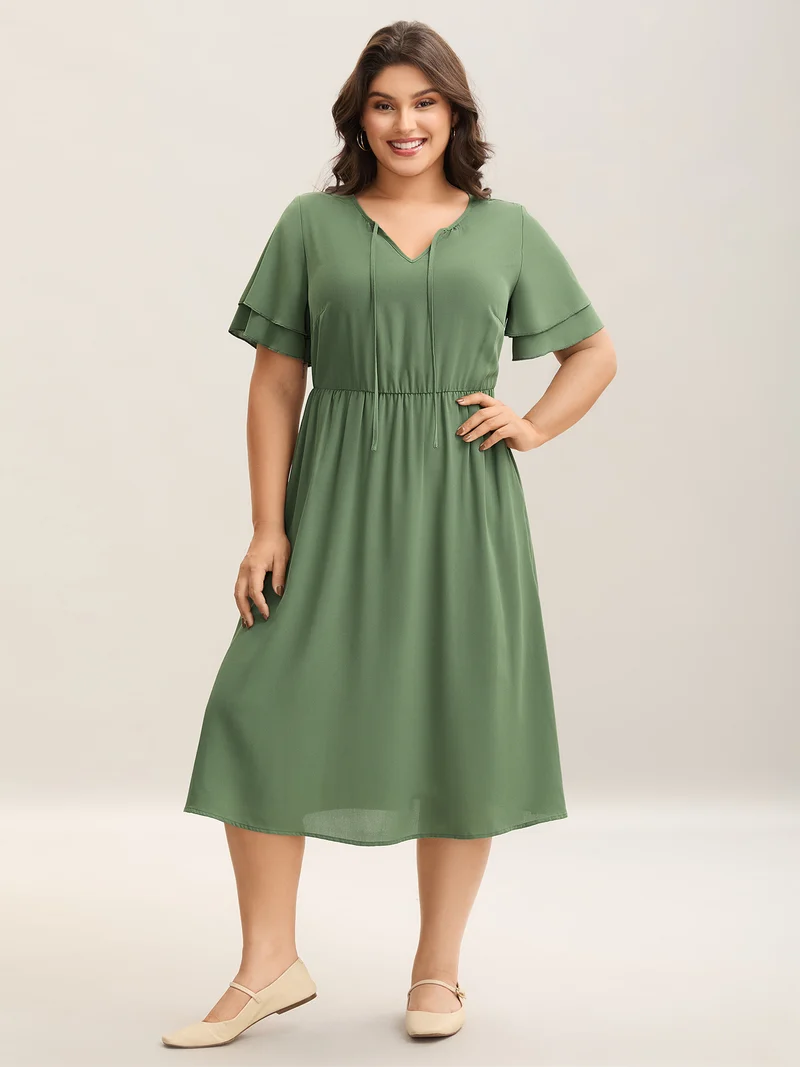 Split Neck Tie Layered Sleeve Midi Dress