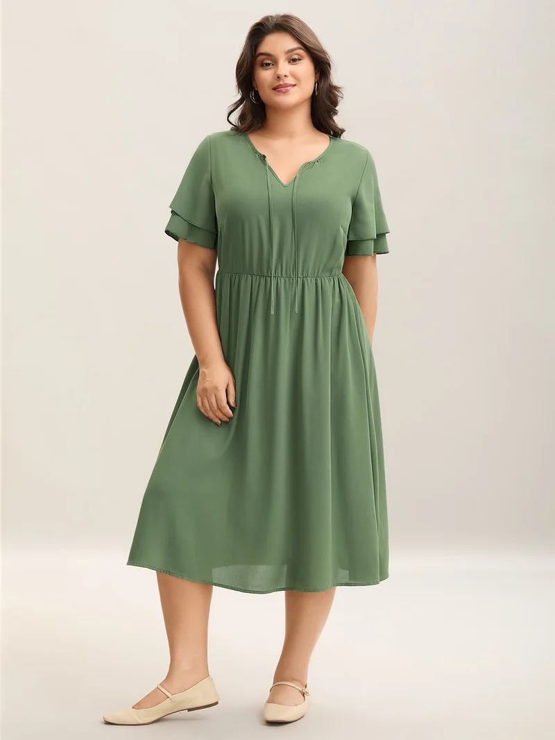 Split Neck Tie Layered Sleeve Midi Dress