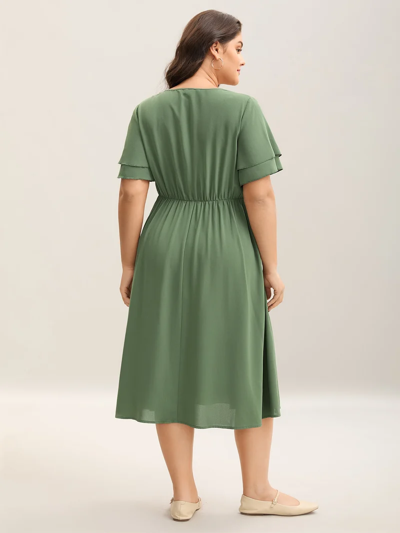 Split Neck Tie Layered Sleeve Midi Dress