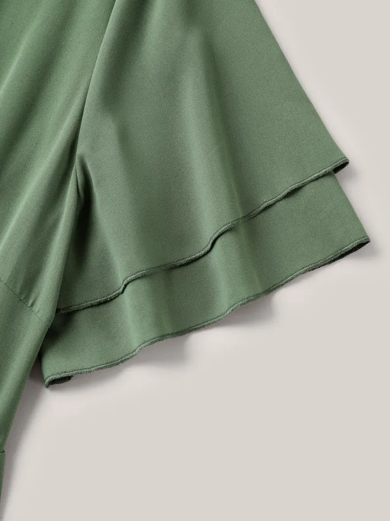 Split Neck Tie Layered Sleeve Midi Dress
