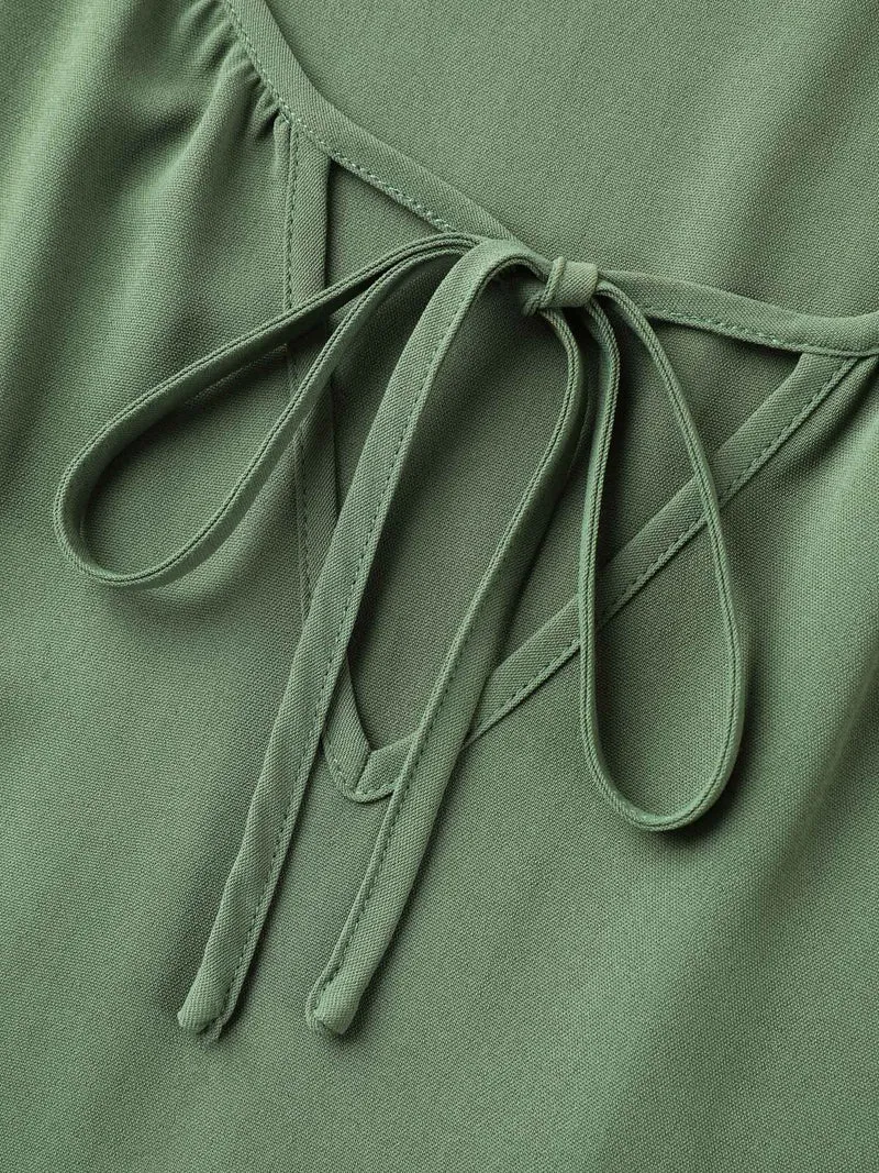 Split Neck Tie Layered Sleeve Midi Dress