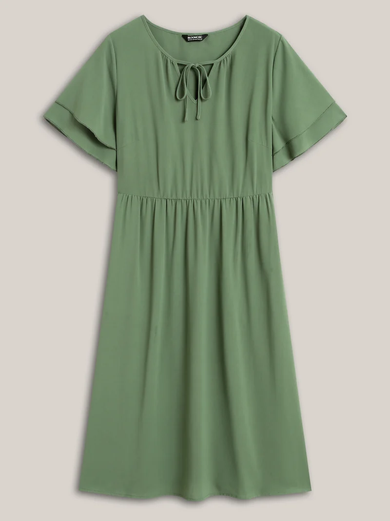 Split Neck Tie Layered Sleeve Midi Dress