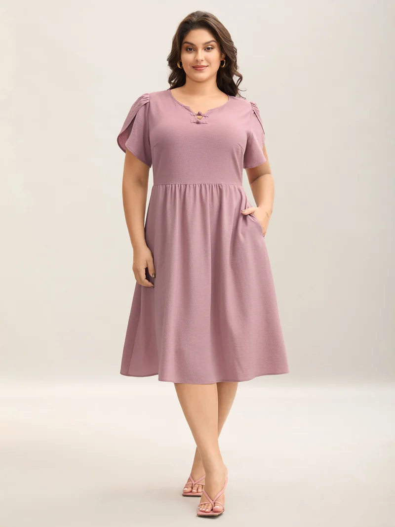 Textured Split Neck Button Plain Midi Dress