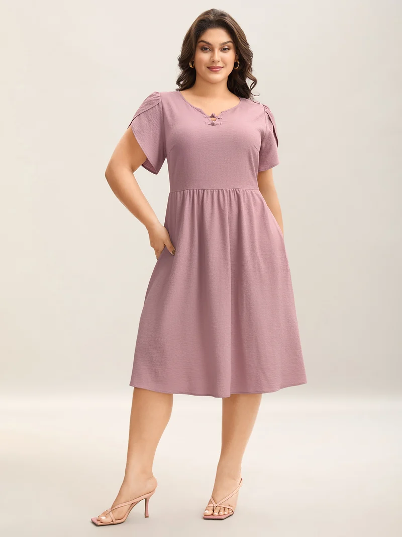 Textured Split Neck Button Plain Midi Dress