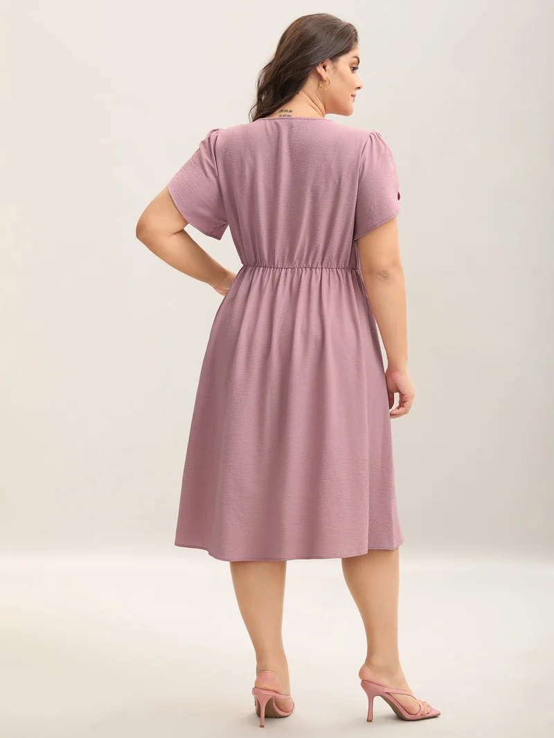 Textured Split Neck Button Plain Midi Dress