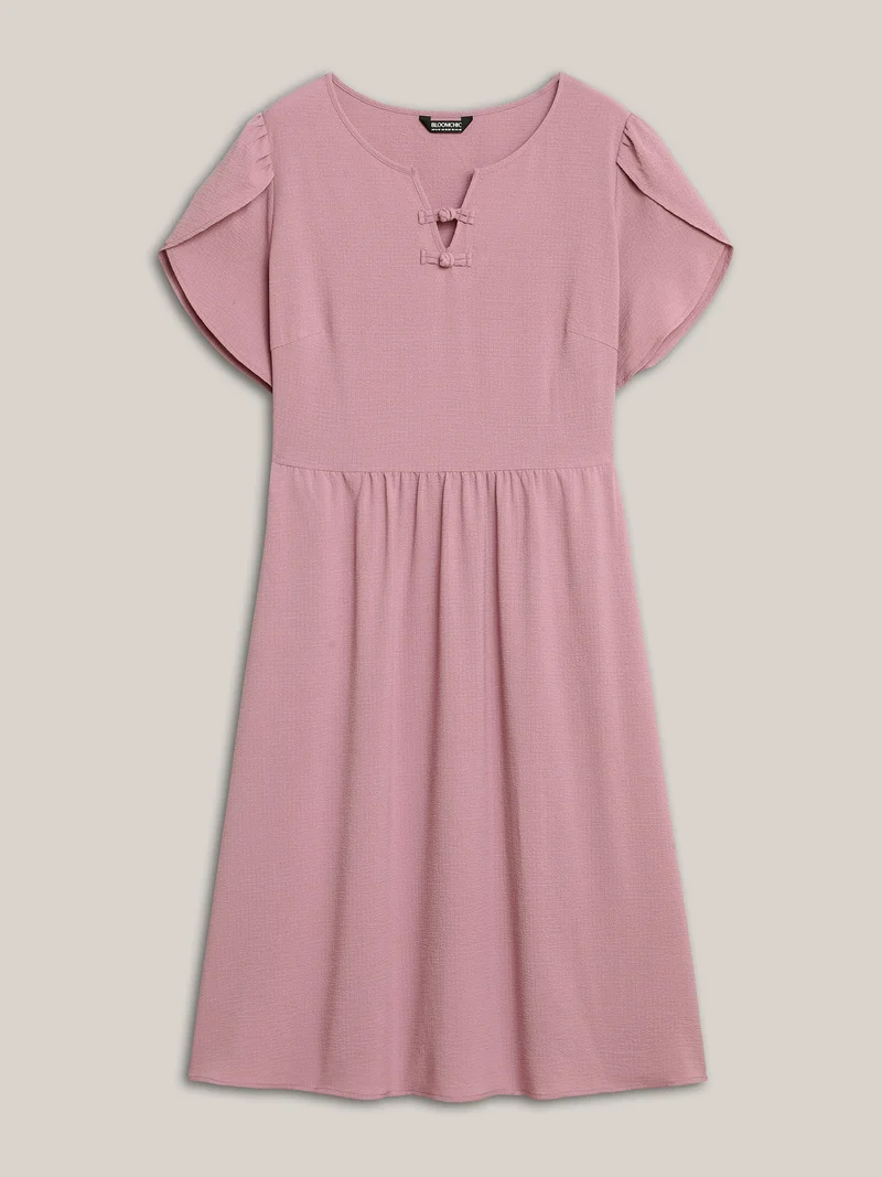 Textured Split Neck Button Plain Midi Dress
