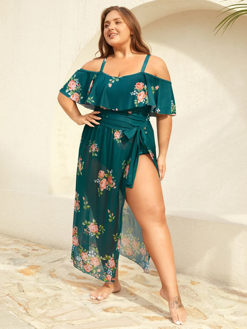 Two-Piece Floral Ruffled Knotted One-Piece, Sarong