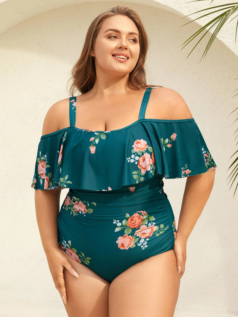 Two-Piece Floral Ruffled Knotted One-Piece, Sarong