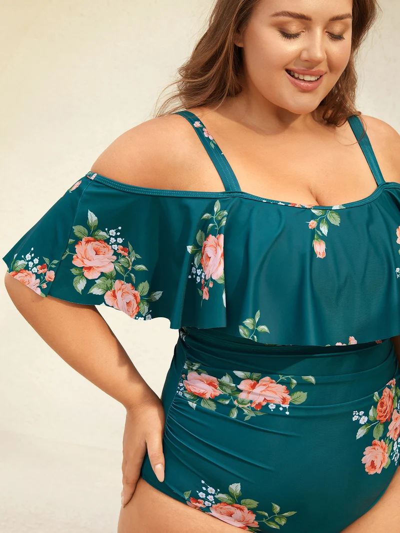 Two-Piece Floral Ruffled Knotted One-Piece, Sarong
