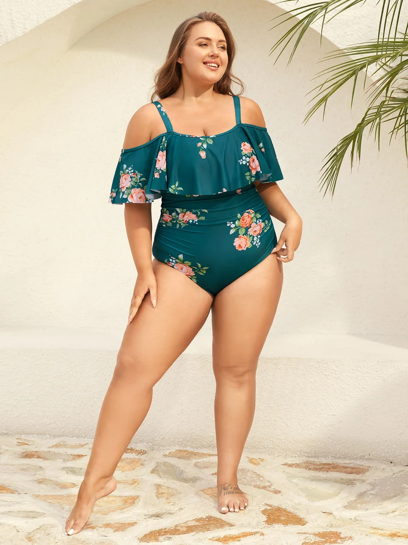 Two-Piece Floral Ruffled Knotted One-Piece, Sarong