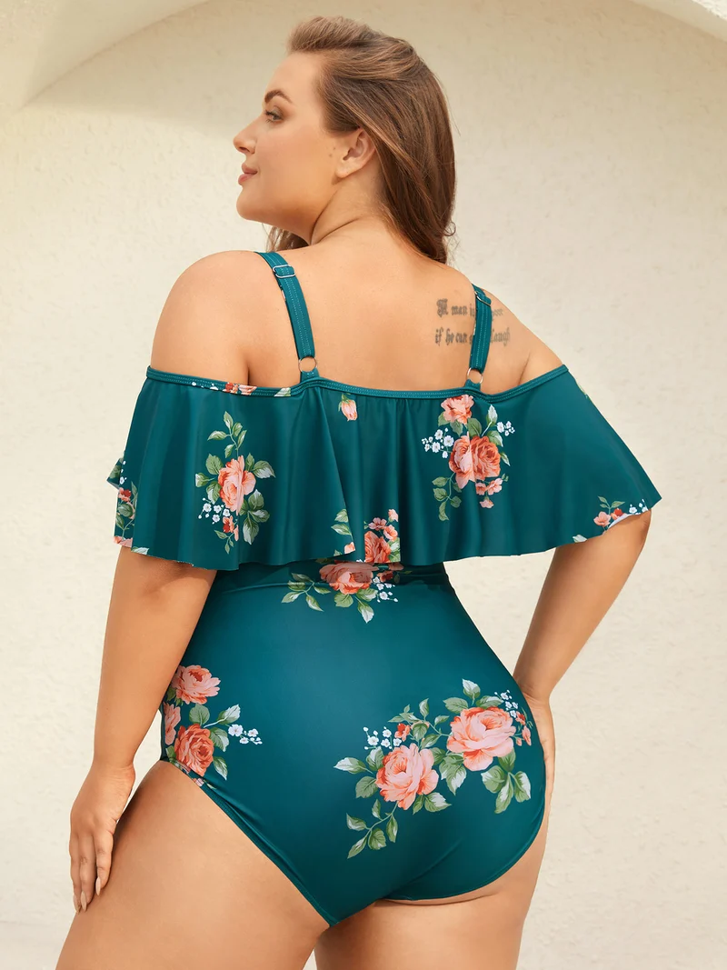Two-Piece Floral Ruffled Knotted One-Piece, Sarong