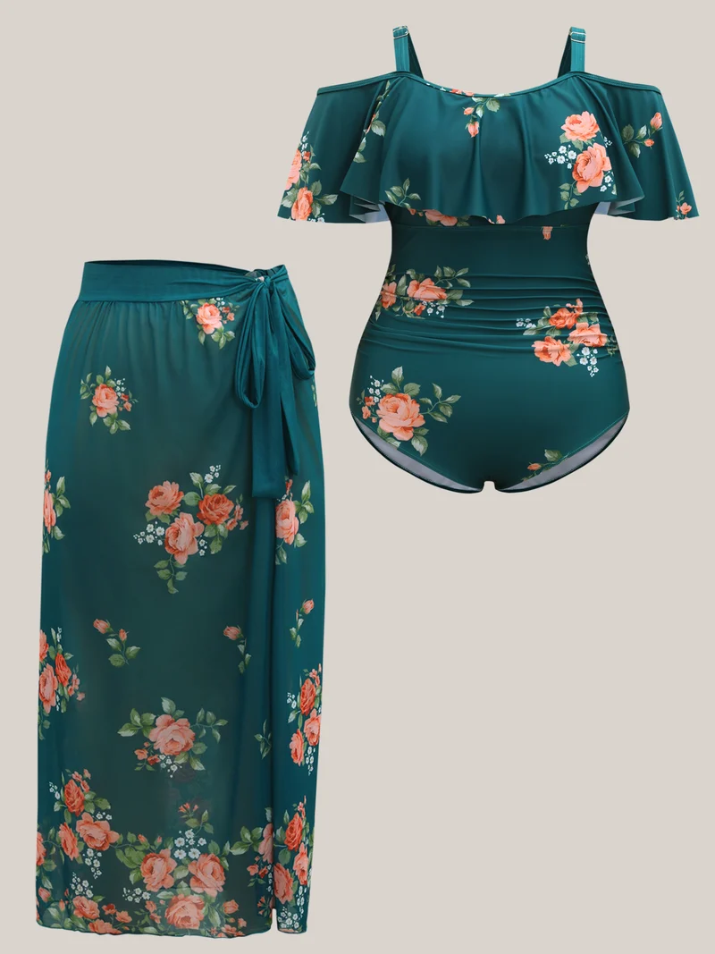 Two-Piece Floral Ruffled Knotted One-Piece, Sarong