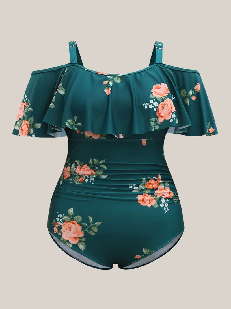 Two-Piece Floral Ruffled Knotted One-Piece, Sarong